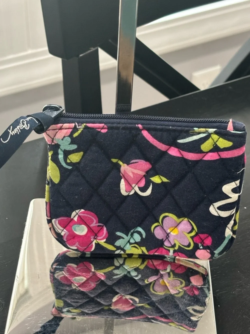 Vera Bradley Quilted Floral Zip Pouch Coin Purse Navy Pink | Petal Paisley